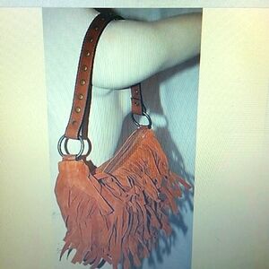 Express suede leather fringe purse cognac orange